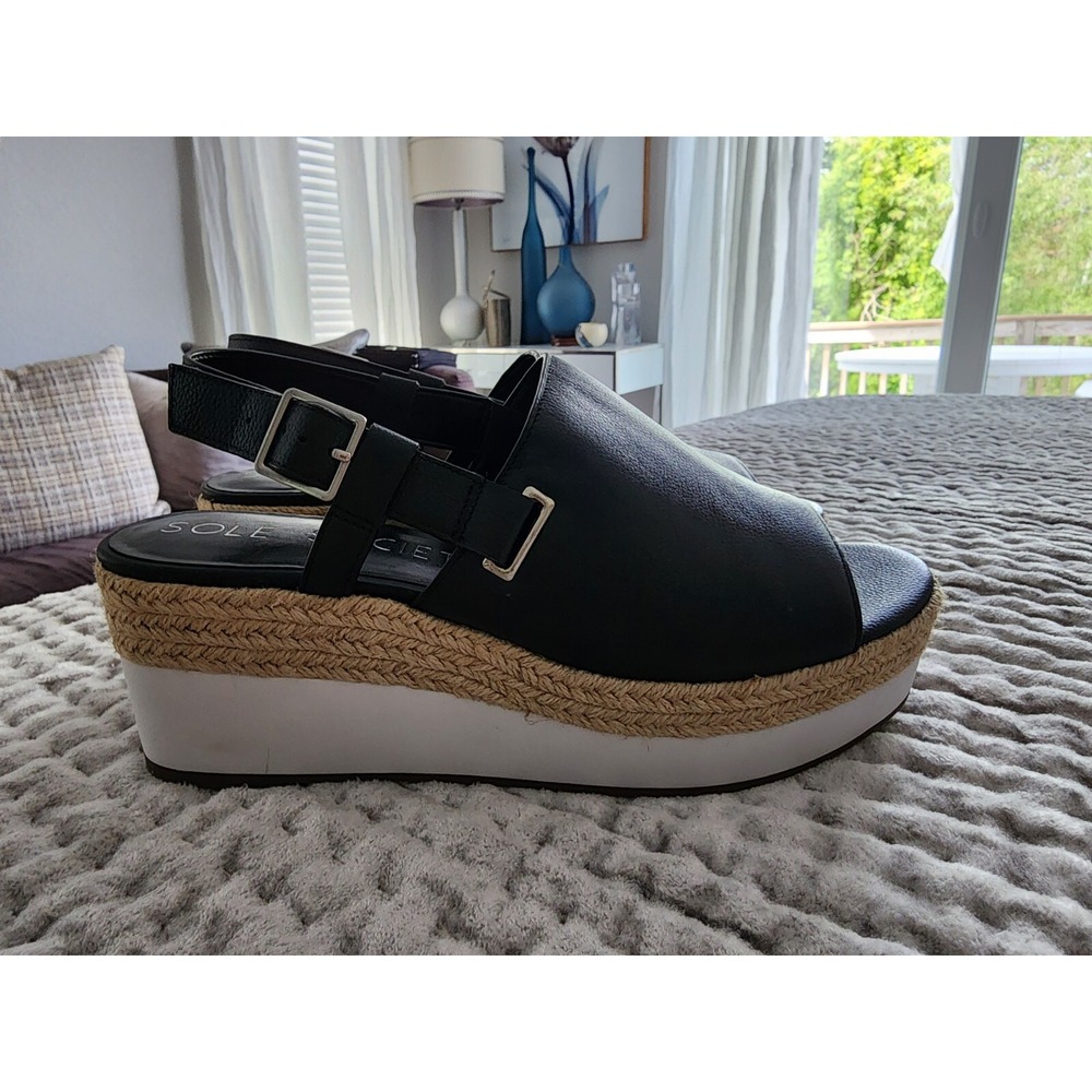 Sole Society 11 New! Women's Espadrille Wedge Sandal Black W/ Natural & White